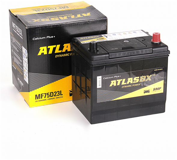 Автомобильный аккумулятор ATLAS MF 75D23L 65 Ач 580A обр. пол. 56068 (230x173x225) с бортиком