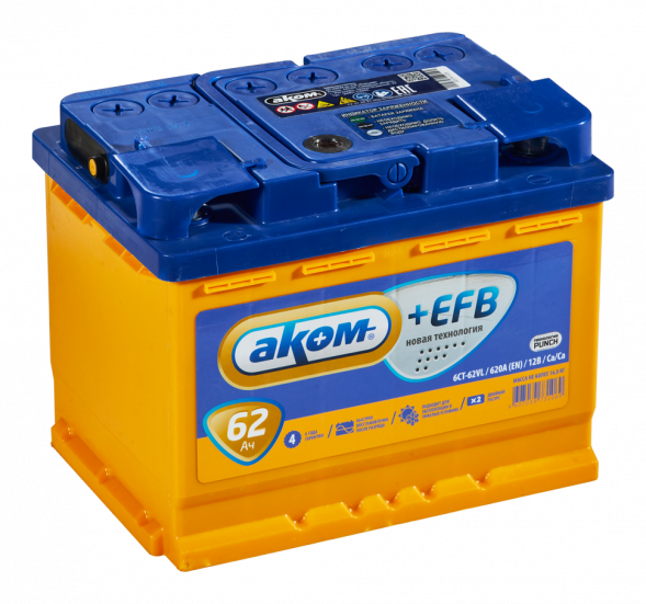 Автомобильный аккумулятор АКОМ (Akom) EFB 62 Ач 620А прям. пол. (242x175x190) Росс. авто