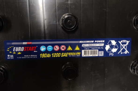 Автомобильный аккумулятор Eurostart Blue 190 Ач 1050А обр. пол. (513x223x223) EBT1903 без борта