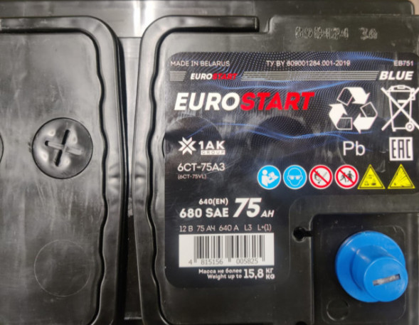 Автомобильный аккумулятор Eurostart Blue 75 Ач 640A прям. пол. (278x175x190) EB751
