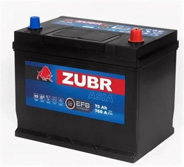 Автомобильный аккумулятор ZUBR EFB Asia 75 Ач 760А обр. пол. (260x173x225) ZAE750 нижний борт