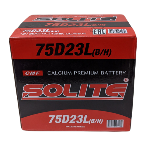Автомобильный аккумулятор Solite 75D23L BH 65 Ач 550A обр. пол. (232x173x225) с бортиком