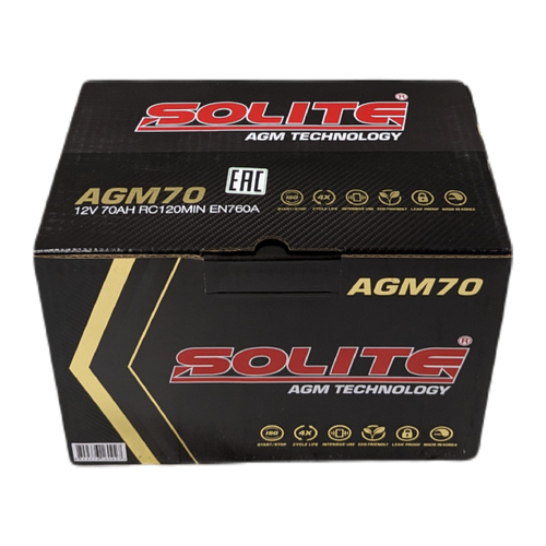 Автомобильный аккумулятор Solite AGM 70 Ач 760A обр. пол. (278x175x190) Start Stop