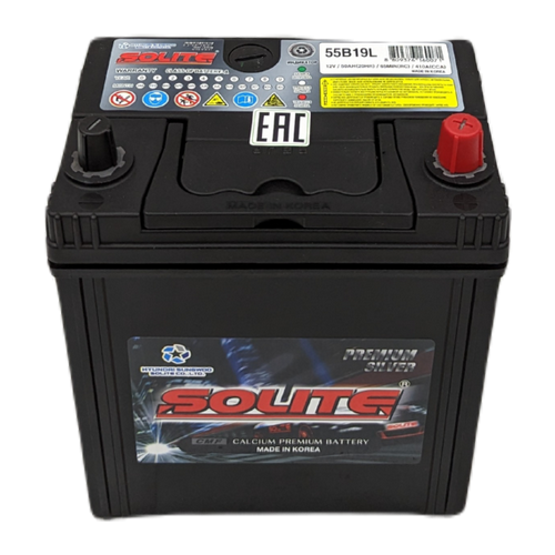 Автомобильный аккумулятор Solite Silver 55B19L 50 Ач 410А обр. (187x127x219) с бортиком