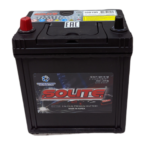 Автомобильный аккумулятор Solite Silver 55B19R 50 Ач 410А прям. пол. (187x127x219) с бортиком
